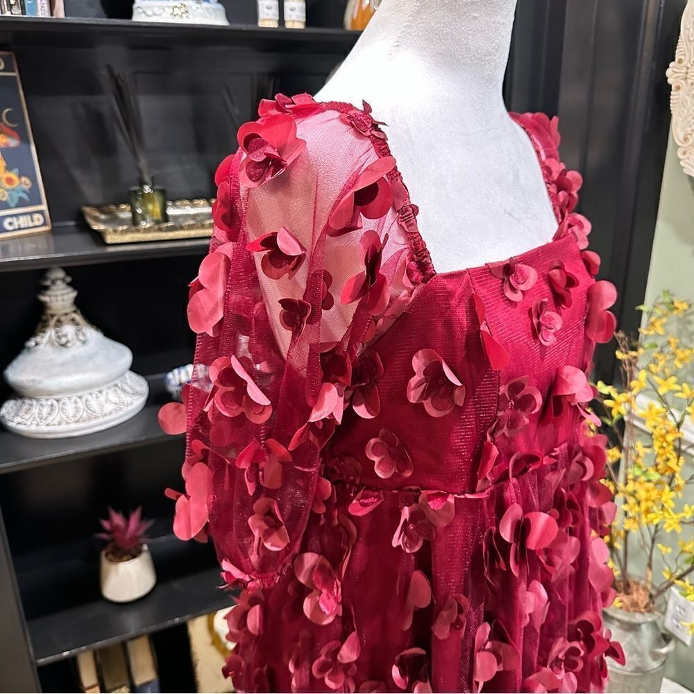 TCEC Burgundy Mini Dress with 3D Petal Appliqués - Picture 9 of 14